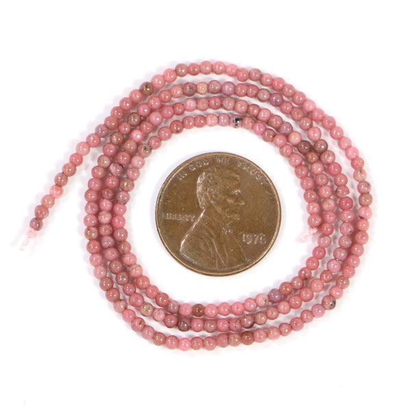 Rhodonite, Round 2mm Beads on 16-inch Strand