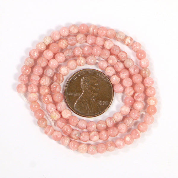 Rhodochrosite, Round 4mm Diameter Beads on 16-inch Strand