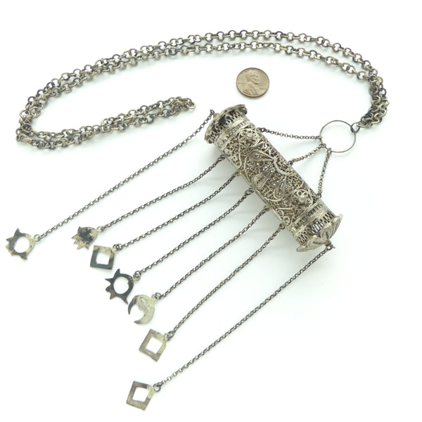 Moroccan Silver Amulet, Filigree Cylinder 1 inch Diamter by 3.5 inches Long