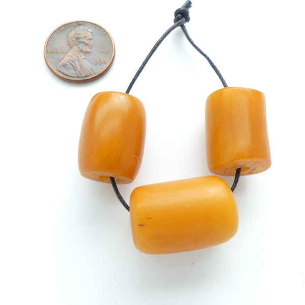 Resin, African Amber, Vintage Cylinders from East AFrica, 18x14 ti 21x15mm, Set of 3