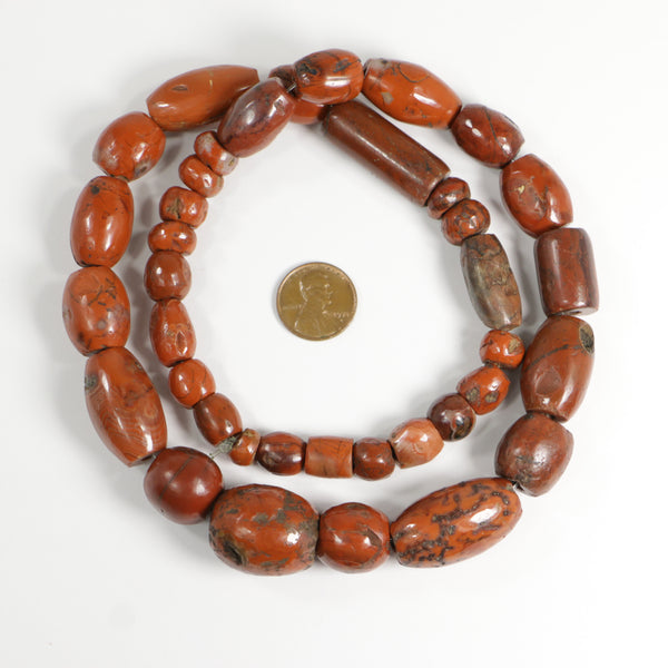 Antique Red Jasper, Mixed Shapes, Graduated,Longest 30x17mm on 24-inch Strand