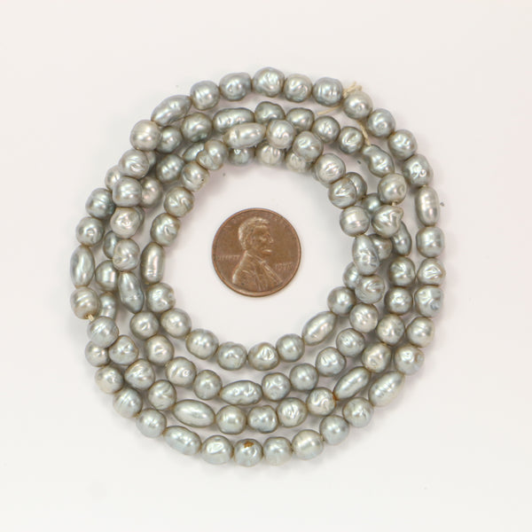 Pearls, Silver, Unusually Long Strands of Mixed Round & Oval Shapes, Rounds are 6mm on 30-inch Strands