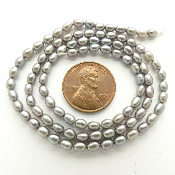 Pearls, Peacock, Rice Shape 4x3mm on 16-inch Strand