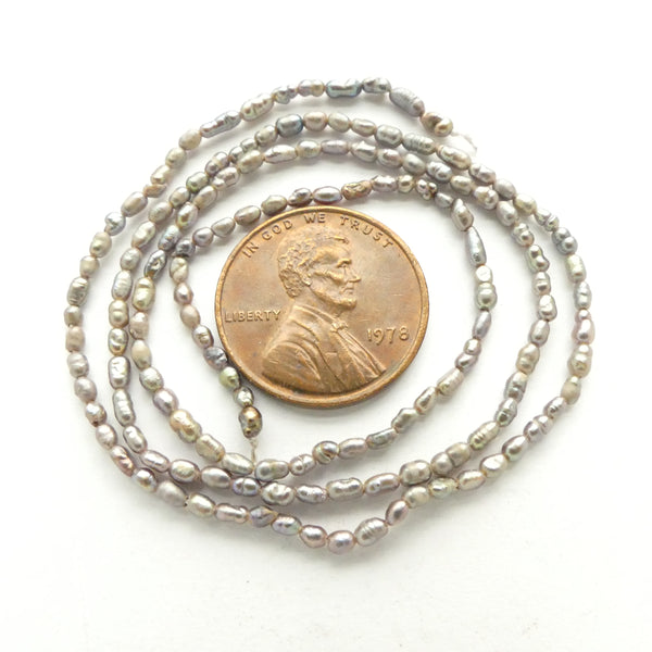 Pearls, Silver/Peacock, Tiny Rice Shape 2x1mm on 16-inch Strands