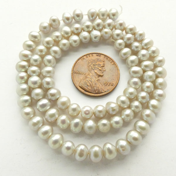 Pearls, Silver, Oval Almost Round, 5mm on 16-inch Strand