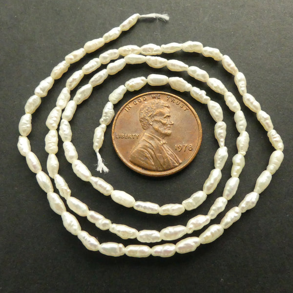 Pearls, White, Baroque Mini Rice Shape, 5x3mm on 16-inch Strands