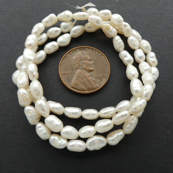 Pearls, White, Rice Shape, Mini 3x2mm on 15-inch Strands