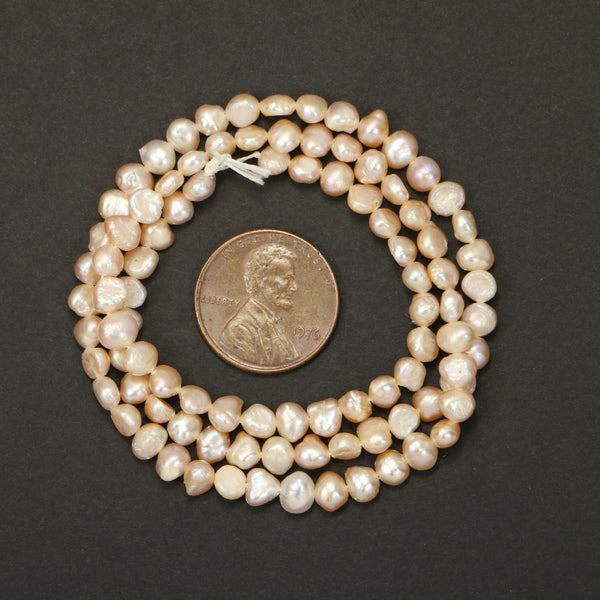 Pearls, Pink, Button Shape, 4x5mm on 16-inch Strand