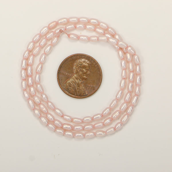 Pearls, Pink, Rice Shape, 4x3mm on 16-inch Strand