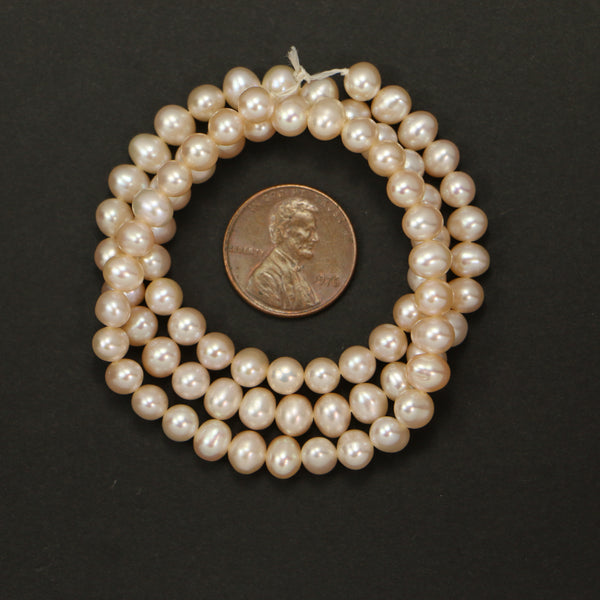 Pearls, Pink, Oblate (Slightly Flattened Round), 5x6mm on 16-inch Strand