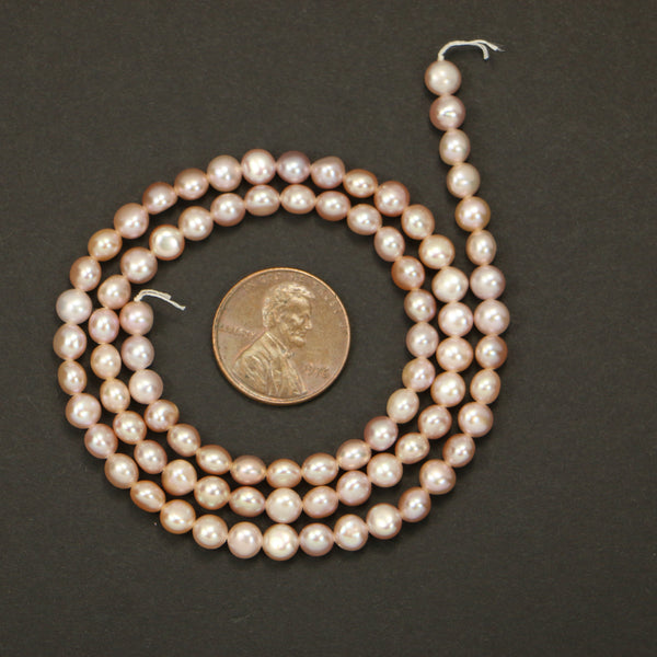 Pearls, Pink, Rounded Button Shape, 5x5mm on 16-inch Strand