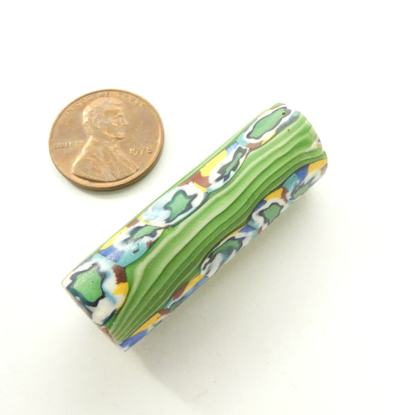 Millefiori Antique Venetian Trade Beads, Green with Star, 40x12mm