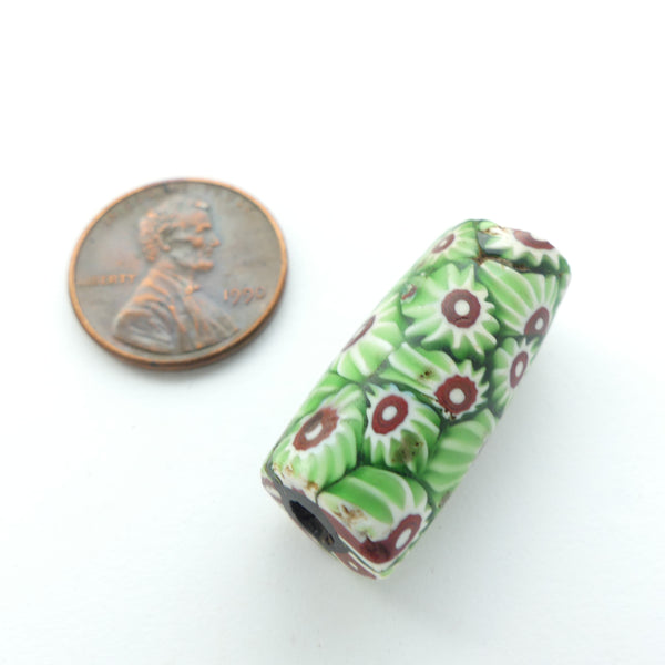 Millefiori Antique Trade Bead, Classic Green Chevron Murrine, 26x11mm