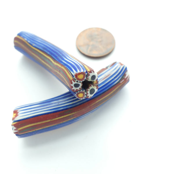 Millefiori, Antique Venetian Trade Beads, Elbows with Cane Applied Lengthwise, 42x12mm