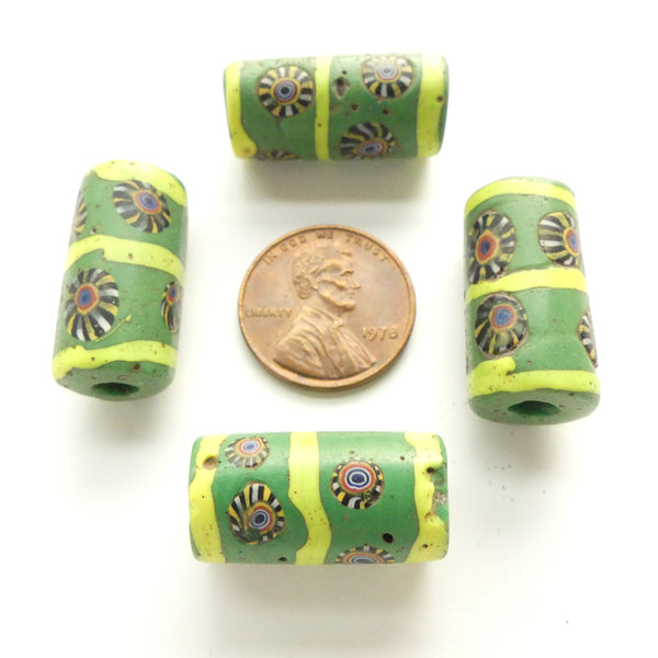 Millefiori, Green, Antique Venetian Trade Beads, 20x12mm, Set of 4