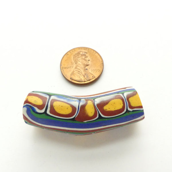 Millefiori Antique Venetian Trade Bead, Elbow with Green, 40x12mm