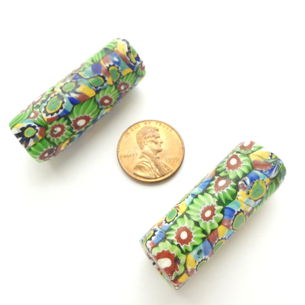 Millefiori, Multicolor/Green Venetian Trade Beads, 39x15mm, Set of 2