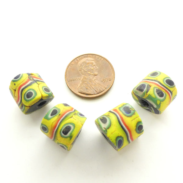 Millefiori Antique Trade Beads, Yellow with Blue & Green Eyes, 10x12mm, Set of 4