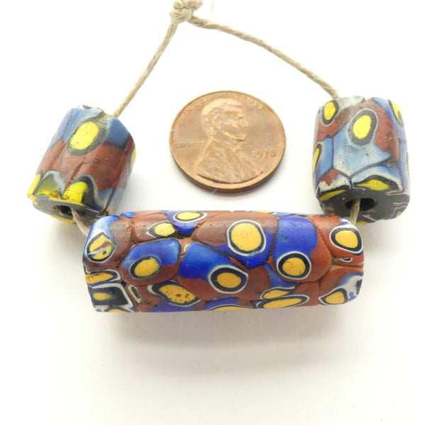 Millefiori Antique Venetian Trade Beads, Blue, Amber, Brown, Set of 3