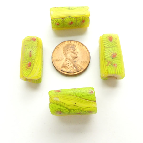 Millefiore, Lime/Yellow, Antique Venetian Trade Beads, 20x10mm, Set of 4
