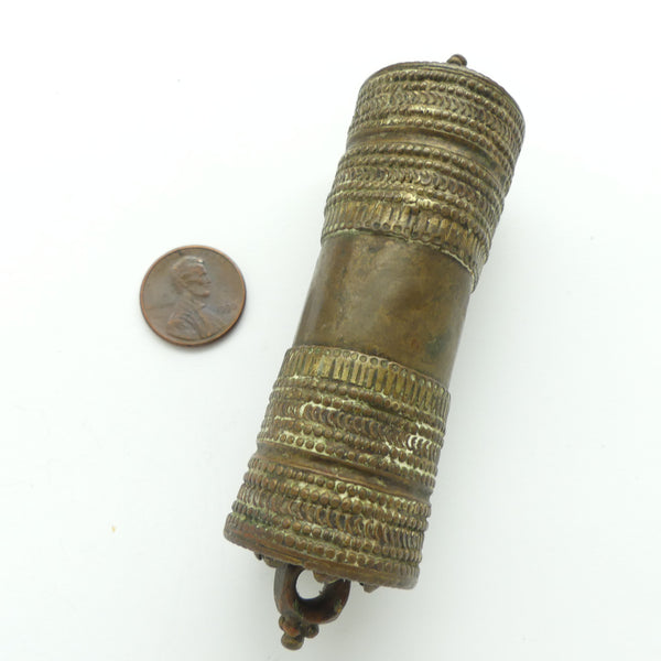 Brass, Unique Container Made from Huge Gun Shell Decorated & With Loops, 4 inches Long