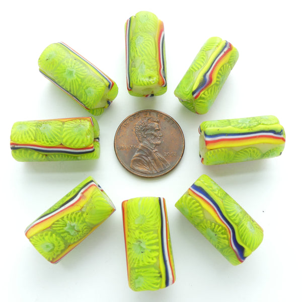 Millefiori, Antique Venetian Trade Beads, Lime Starburst w/Stripe, 20x10mm Sold Individually