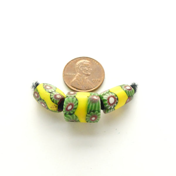 Millefiori Antique Venetian Trade Beads, Green Chevrons 3 Ways, Set of 3 Beads