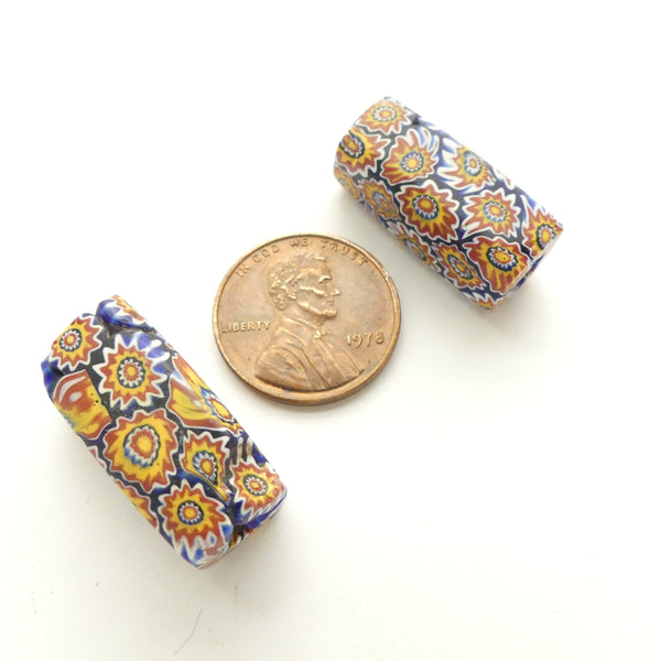 Millefiori Antique Venetian Trade Beads, Square Cross Section, Chevron Pattern, Set of 2