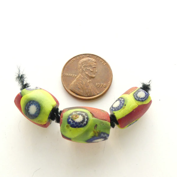 Millefiori Antique Venetian Trade Beads, Olive,  Red & Yellow with Blue Chevrons, Set of 3