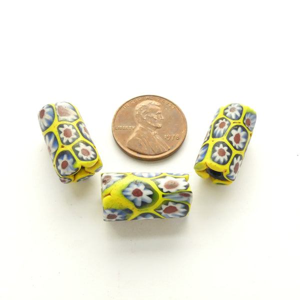 Millefiori Antique Venetian Trade Beads, Sunny Yellow Flower Pattern, Set of 3