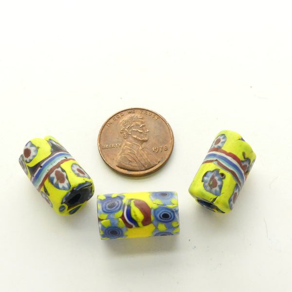 Millefiori Antique Trade Beads, Yellow With Flowers, 12x10mm, Set of 3