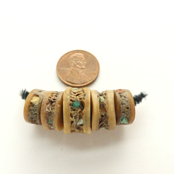 Bone, Skull Bone Beads from Nepal Inlaid with Turquoise and Pearl, 8x16mm, Sets of 11 Beads