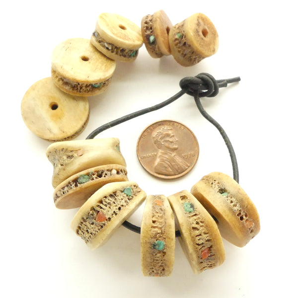 Bone, Skull Bone Beads from Nepal Inlaid with Turquoise and Pearl, 8x16mm, Sets of 11 Beads