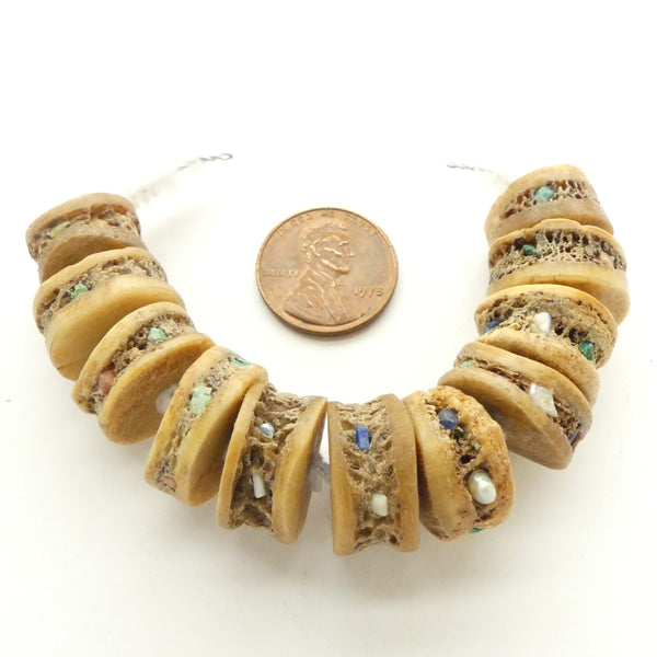 Bone, Skull Bone Beads from Nepal Inlaid with Turquoise and Pearl, 8x16mm, Sets of 11 Beads