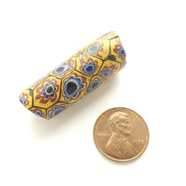 Millefiori Antique Venetian Trade Bead, Classic Chevron Pattern on Amber, 40x14mm