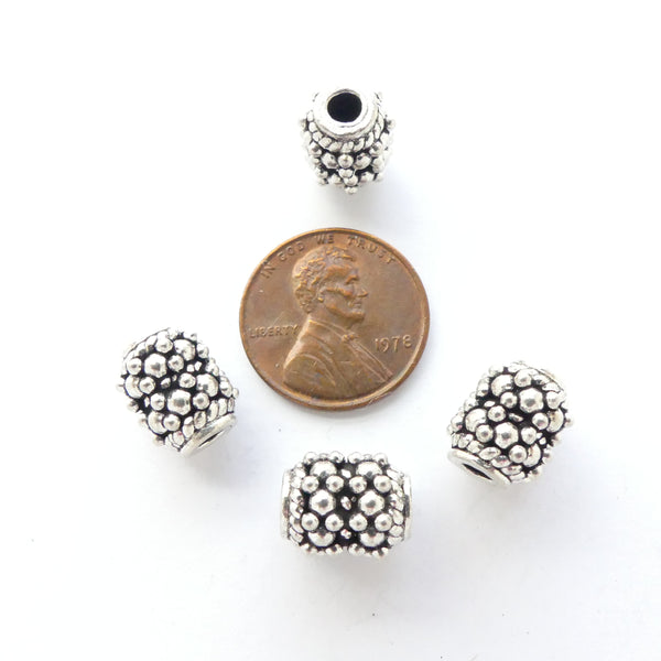 Indian Silver Large Hole Short Cylinders with Raised Dot Designs, 11x9mm, Sold Individually
