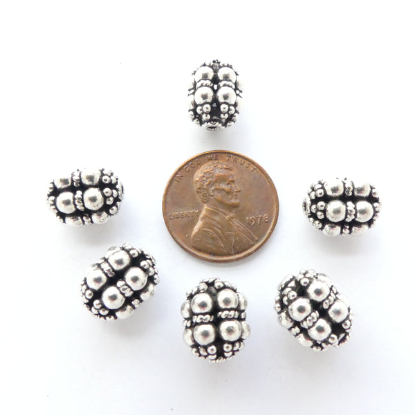 Indian Silver Barrels with Raised Dot Designs, 12x9mm, Sold Individually