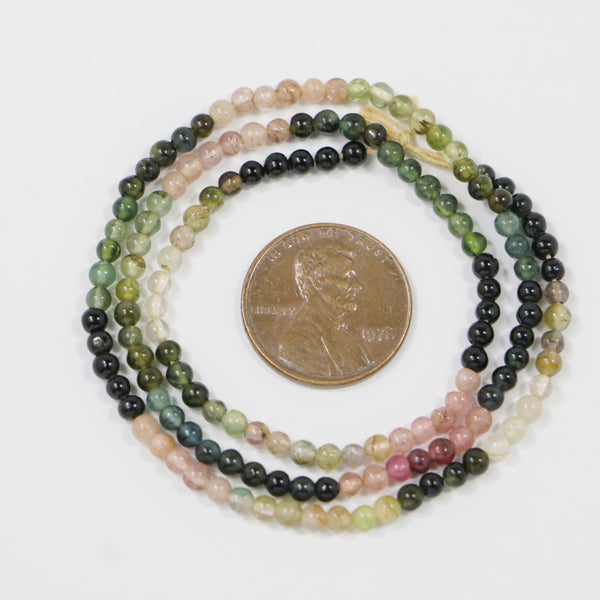Tourmaline, Round, 3mm Multicolor, on 15-inch Strands