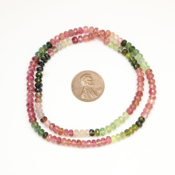 Tourmaline, Mullticolor Graduated, Finely Faceted Rondelles 2x4mm, on 16-inch Strand