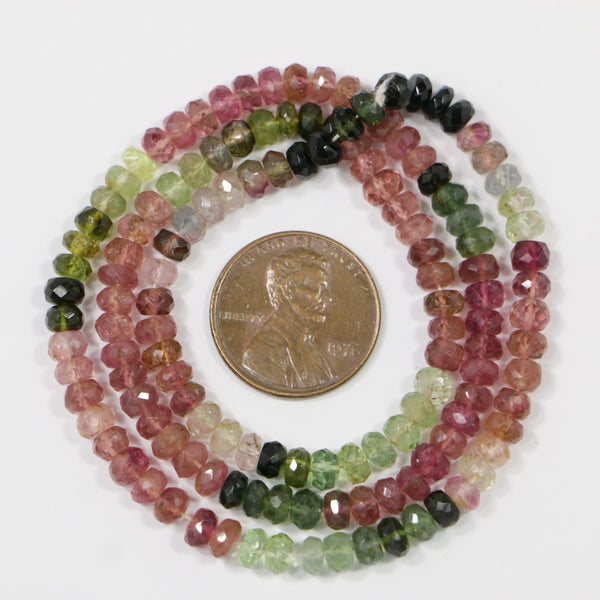 Tourmaline, Mullticolor Graduated, Finely Faceted Rondelles 2x4mm, on 16-inch Strand