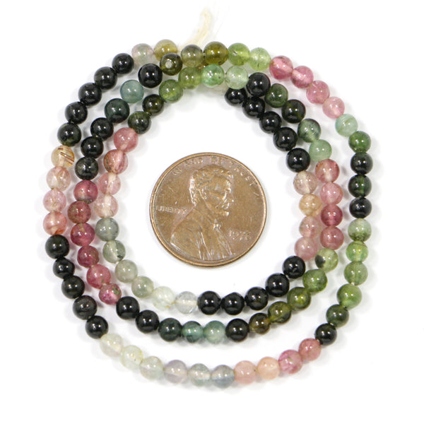 Tourmaline, Round, 4mm Diameter Multicolor, on 16-inch Strand