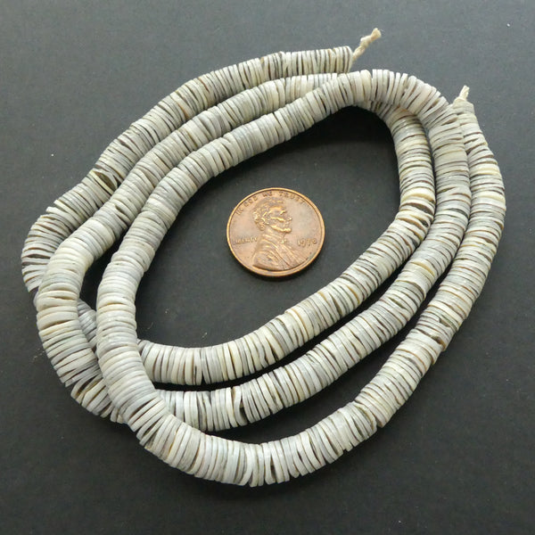 Shell Heishi, Vintage Grey & White, 6mm Diameter on 24-inch Strands