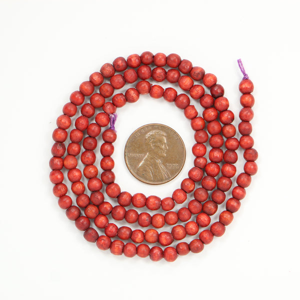 Wood, Round, Dyed Red, 4mm on Long 21-inch Strand