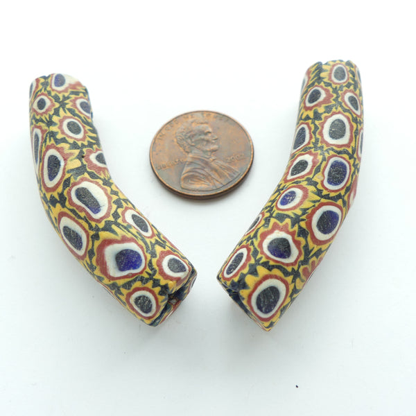 Millefiori, Antique Venetian Trade Beads, Elbows, Amber, Brick, White & Blue, 50x10mm