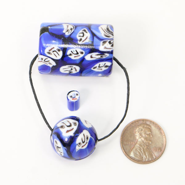 Face Beads, Vintage Indian Blue with White Faces Set of 2 Beads in 2 Shapes