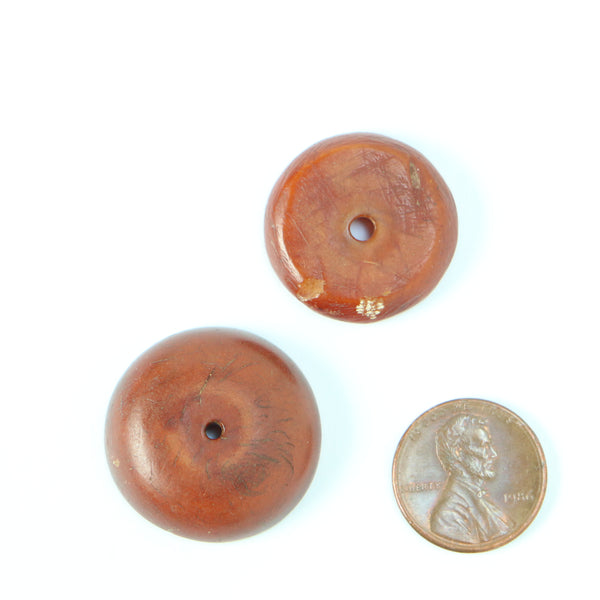 African Amber, Two Discs Half Domed, Reddish Color, 26 and 18mm Diameter, Sold as Set of 2