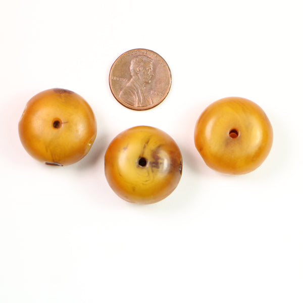 African Amber, Dark Honey Color Oblates with Extra Holes, 24mm Diameter, Set of 3