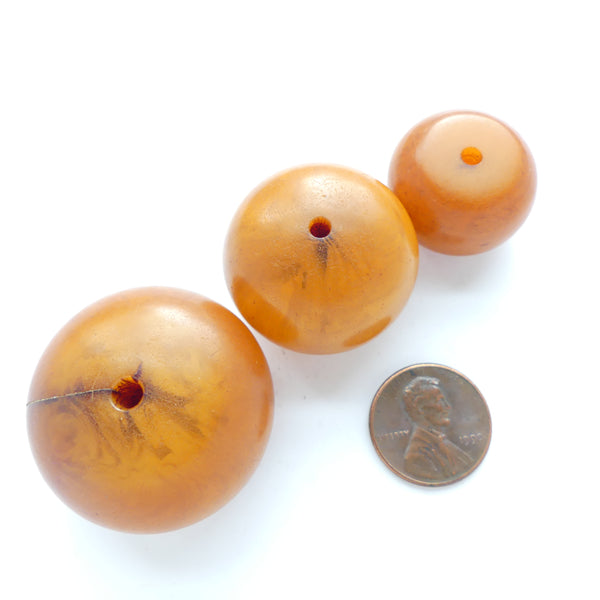 African Amber, Medium Color Mostly Opaque Beads, Largest 23x35, Set of 3
