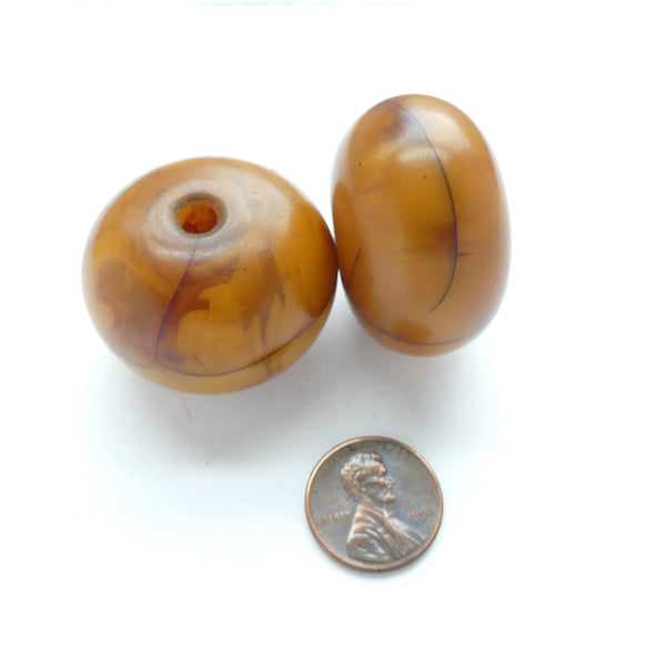 African Amber, Large Deep Caramel Color Beads With Swirls, Set of Two Beads