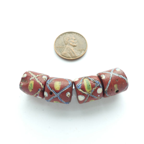 Lampwork, Antique Venetian, Brown Short Cyliners with X Pattern & Dots, Set of 4
